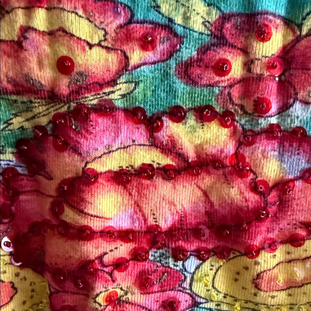 Green Floral V-Neck Long Sleeve Sequin Top with Multicolor Print - Picture 2 of 3